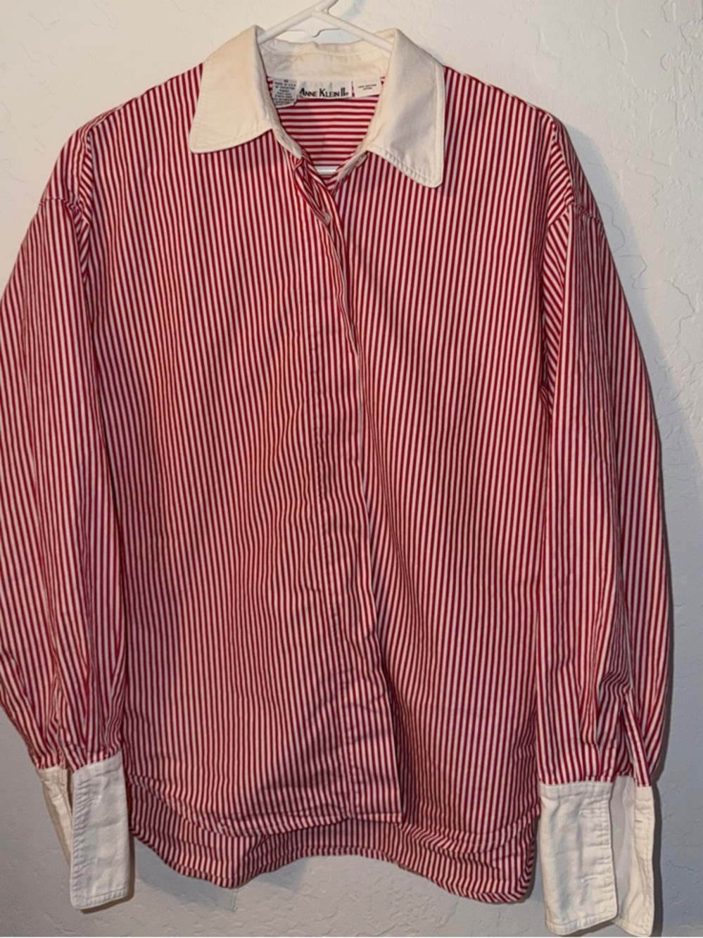 Vintage Anne Klein II Red White Striped Cotton Blouse Sz 10 Made in USA